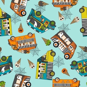 XLARGE Halloween Ice Cream Van fabric - spooky cute design boys blue 12in