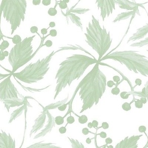 Seamless vintage cottage core leaves and berries pattern (green)