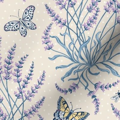 Lavender, butterflies and bees on light beige - medium scale