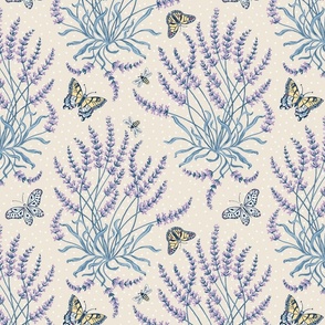 Lavender, butterflies and bees on light beige - medium scale