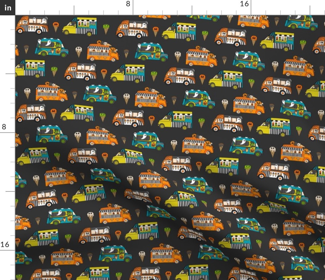 SMALL Halloween Ice Cream Van fabric - spooky cute design boys charcoal 6in