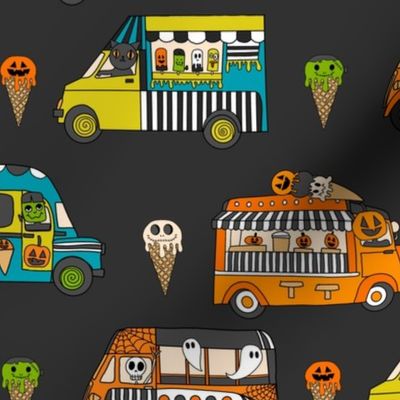 XLARGE Halloween Ice Cream Van fabric - spooky cute design boys charcoal 12in