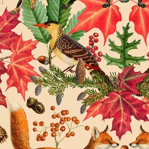 Fall Fox Forest Vintage Botanical Pattern Symmetrical In Warm Colors On Beige Large Scale