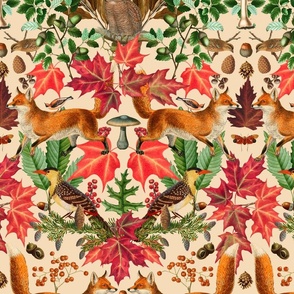 Fall Fox Forest Vintage Botanical Pattern Symmetrical In Warm Colors On Beige Medium Scale