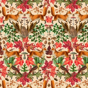 Fall Fox Forest Vintage Botanical Pattern Symmetrical In Warm Colors On Beige Smaller Scale