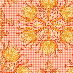 artichoke  &  fleur de lis warm red gold toile | French Country coral pink and cream check 
