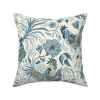 French Country Rooster Floral in soft blue and pale gold on ivory (Medium size)