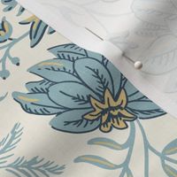 French Country Rooster Floral in soft blue and pale gold on ivory (Medium size)