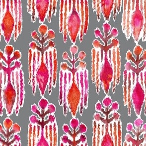 Ikat Botanical Watercolor Red  on Gray medium