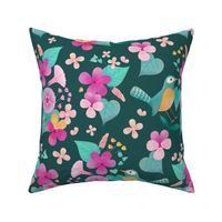  Bird and pansies floral in dark green yellow pink