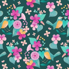  Bird and pansies floral in dark green yellow pink