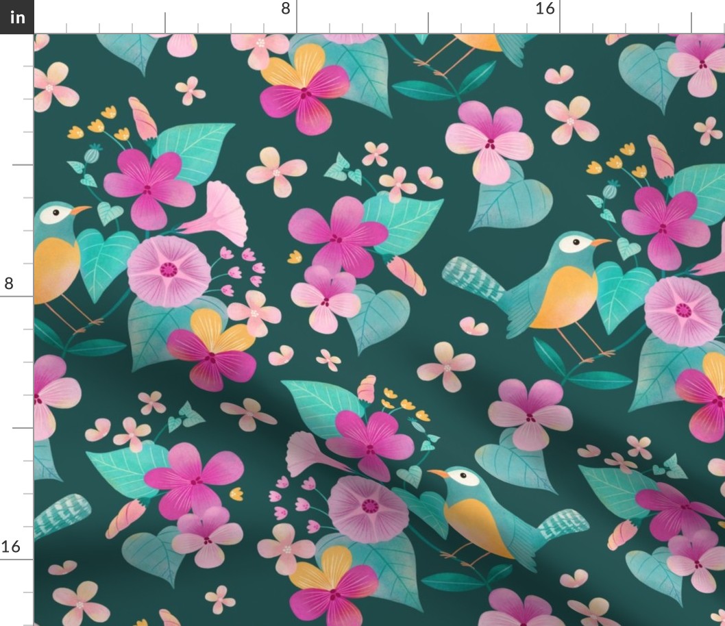  Bird and pansies floral in dark green yellow pink