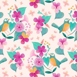 Bird and pansies floral in beige creme bright pastel