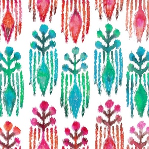 Ikat Botanical Watercolor Teal and Red on White 