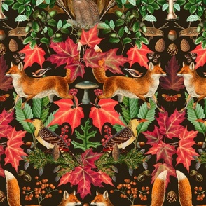 Fall Fox Forest Vintage Botanical Pattern Symmetrical On Dark Brown  Medium Scale