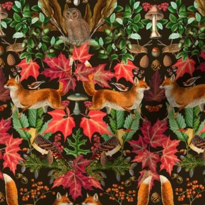 Fall Fox Forest Vintage Botanical Pattern Symmetrical On Dark Brown  Extra Small