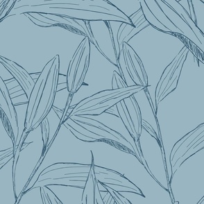 large-scale botanical lily leaves in blue