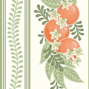 French Country Citrus Stripes- Soft Orange and Sage Green- Orange Grove- Orchard in Bloom- Oranges- Tropical Fruit Tablecloth- Floral Wallpaper- Spring- Summer- Extra Large