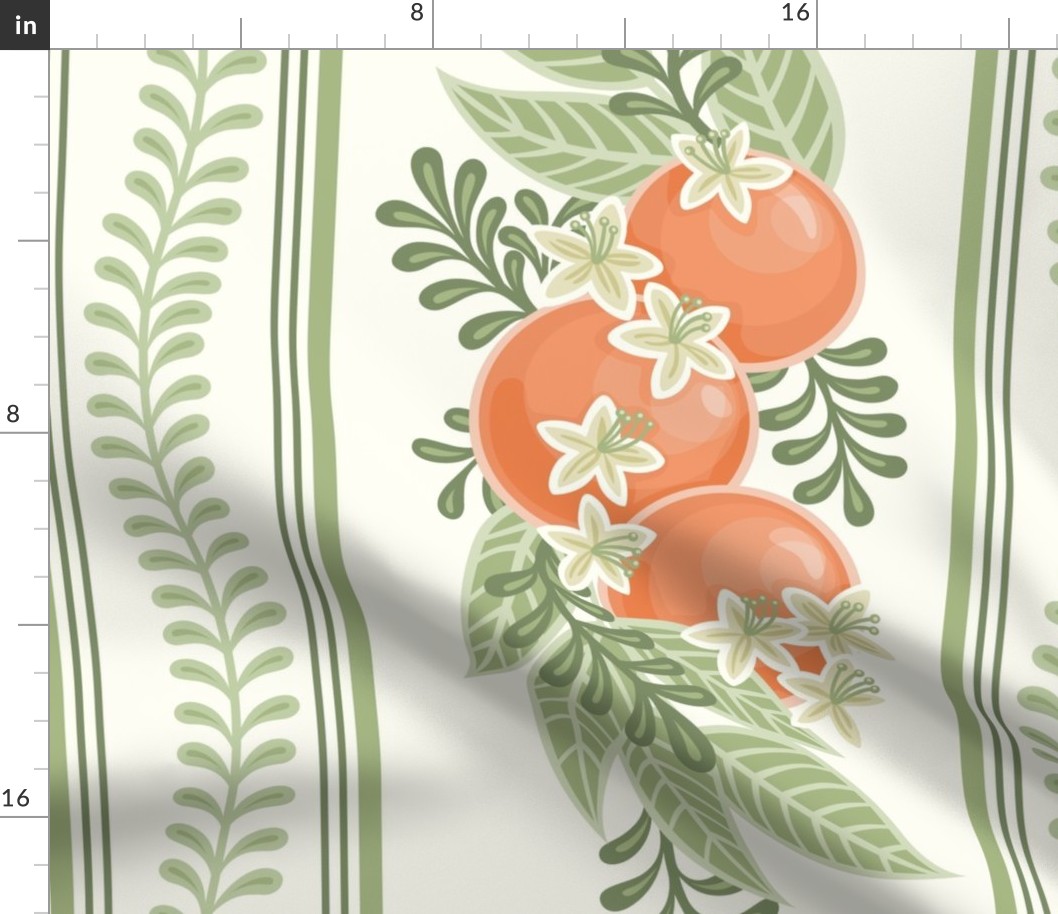 French Country Citrus Stripes- Soft Orange and Sage Green- Orange Grove- Orchard in Bloom- Oranges- Tropical Fruit Tablecloth- Floral Wallpaper- Spring- Summer- Extra Large