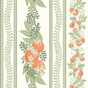 French Country Citrus Stripes- Soft Orange and Sage Green- Orange Grove- Orchard in Bloom- Oranges- Tropical Fruit Tablecloth- Floral Wallpaper- Spring- Summer- Medium