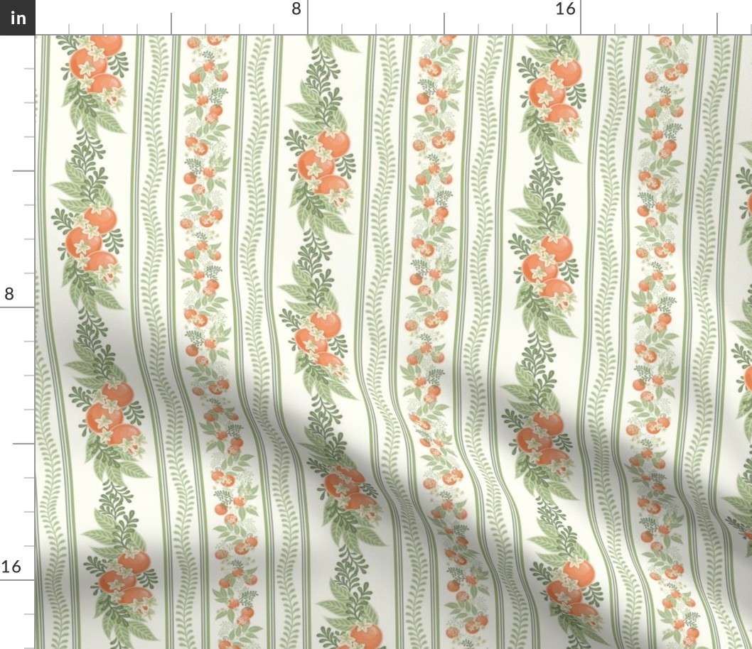 French Country Citrus Stripes- Soft Orange and Sage Green- Orange Grove- Orchard in Bloom- Oranges- Tropical Fruit Tablecloth- Floral Wallpaper- Spring- Summer- sMini