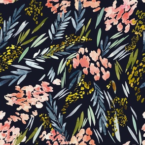 jumbo // Indigo Botanical Peach Watercolor Florals on Navy Blue background // 24”