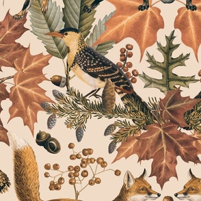 Fall Fox Forest Vintage Botanical Pattern Symmetrical In Neutral Earth Colors Large Scale