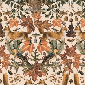Fall Fox Forest Vintage Botanical Pattern Symmetrical In Neutral Earth Colors Medium Scale