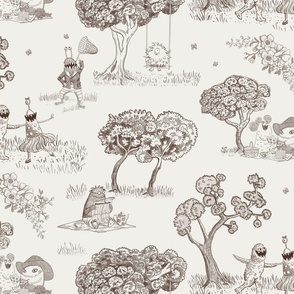 Monster picnic toile de jouy - medium - Brown on Classical white (natural white/off-white)