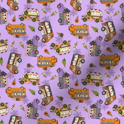MINI Halloween Ice Cream Van fabric - spooky cute design girls purple 4in