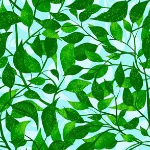 Green Pothos Leaves on Light Blue Textured Background