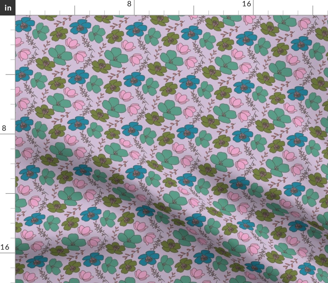 Teal, Green, Blue, Ditsy Floral Pattern