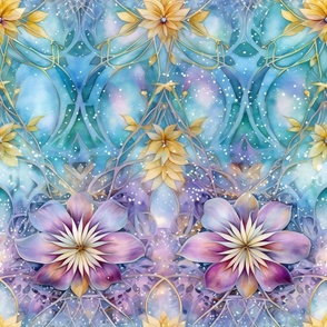 Ethereal Flowers, Pastel Light Blue Lavender Purple Colorful Florals, Wallpaper Fabric