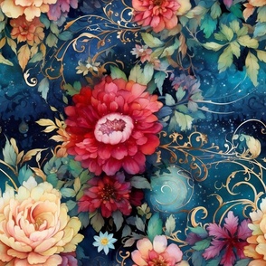 Ethereal Flowers, Bold Bright Red Colorful Florals, Starry Wallpaper Fabric