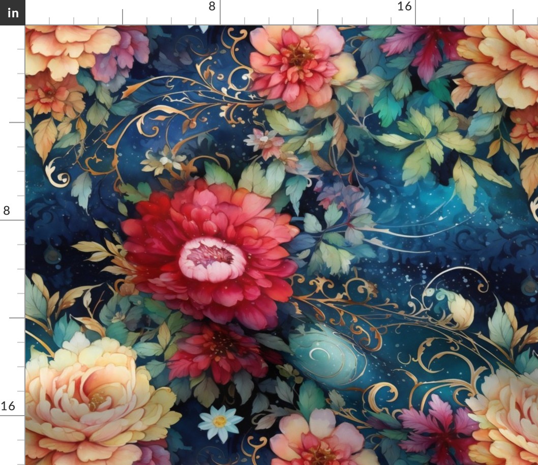 Ethereal Flowers, Bold Bright Red Colorful Florals, Starry Wallpaper Fabric