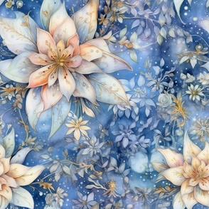 Ethereal Flowers, Light Cream Blue Colorful Florals, Starry Wallpaper Fabric