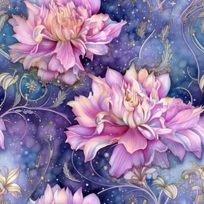 Ethereal Flowers, Pretty Pink Purple Colorful Florals, Starry Wallpaper Fabric