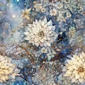 Ethereal Flowers, Soft White Sky Blue Colorful Florals, Starry Wallpaper Fabric