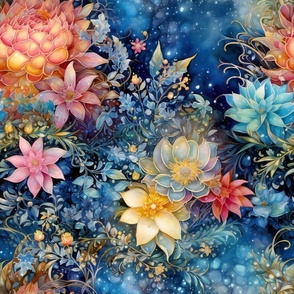 Ethereal Flowers, Bold Bright Rainbow Colorful Florals, Starry Wallpaper Fabric