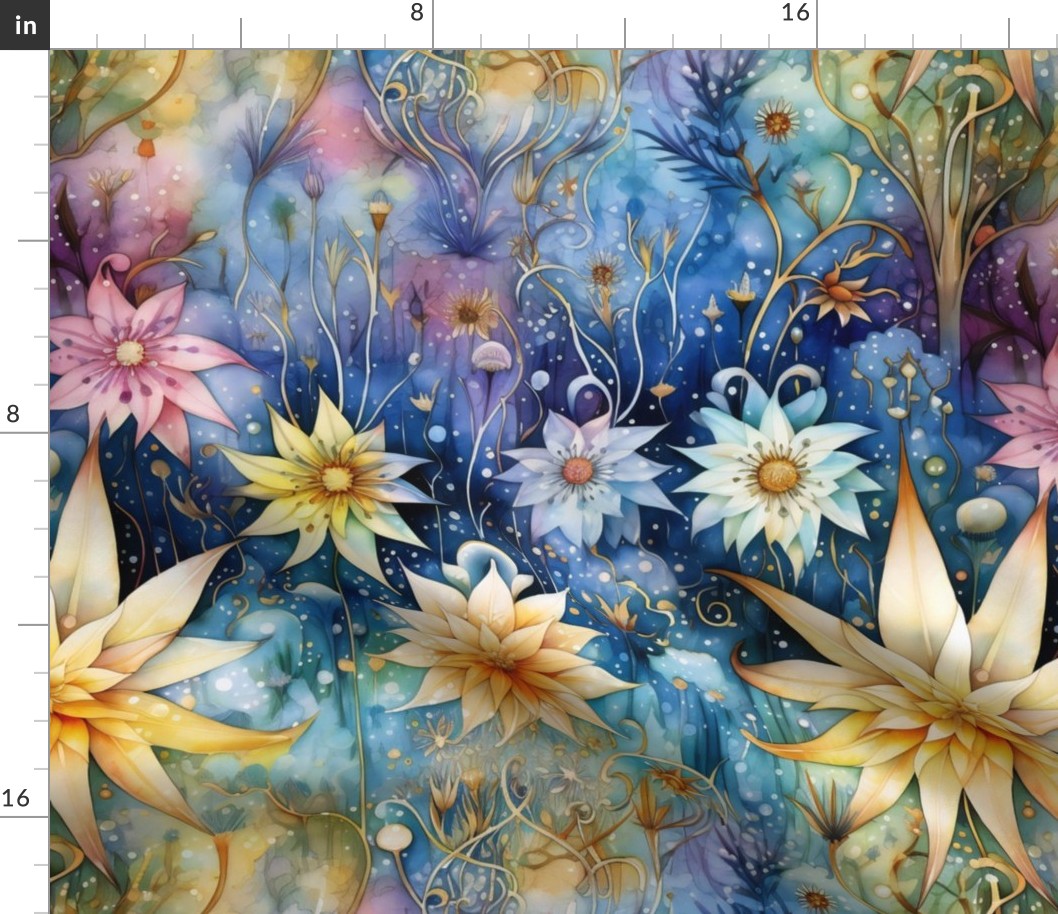Ethereal Flowers, Vinrant Cheery Colorful Florals, Starry Wallpaper Fabric