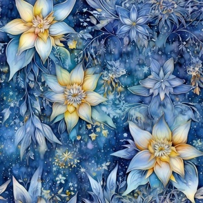 Ethereal Flowers, Soft White Blue Colorful Florals, Starry Wallpaper Fabric