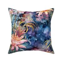 Ethereal Flowers, Exotic Multicolor Colorful Florals, Starry Wallpaper Fabric