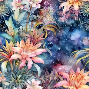 Ethereal Flowers, Exotic Multicolor Colorful Florals, Starry Wallpaper Fabric