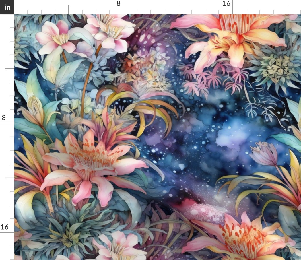 Ethereal Flowers, Exotic Multicolor Colorful Florals, Starry Wallpaper Fabric