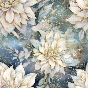 Ethereal Flowers, Pastel White Blue Colorful Florals, Starry Wallpaper Fabric
