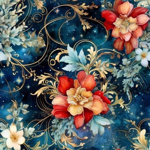 Ethereal Flowers, Bold Bright Red Blue Colorful Florals, Starry Wallpaper Fabric