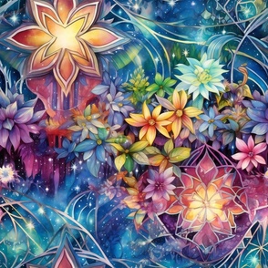 Ethereal Flowers, Bold Bright Vibrant Colorful Florals, Starry Wallpaper Fabric