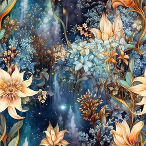 Ethereal Flowers, Bold Bold Neutral Beige Blue Colorful Florals, Starry Wallpaper Fabric