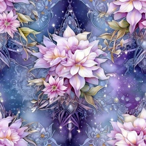 Ethereal Flowers, Bold Lavender Purple Blue Colorful Florals, Starry Wallpaper Fabric