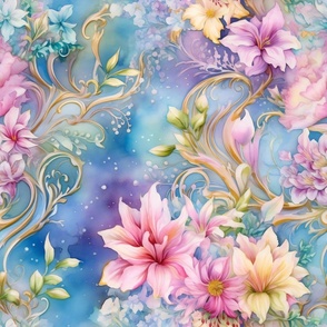 Ethereal Flowers, Pretty Pink Yellow Blue Colorful Florals, Starry Wallpaper Fabric